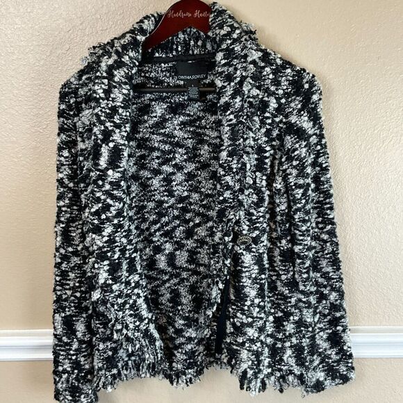 Cynthia Rowley Wrap Sweater Blazer Sz S Black White Mohair Wool Blend Fringe T1 - Picture 4 of 12